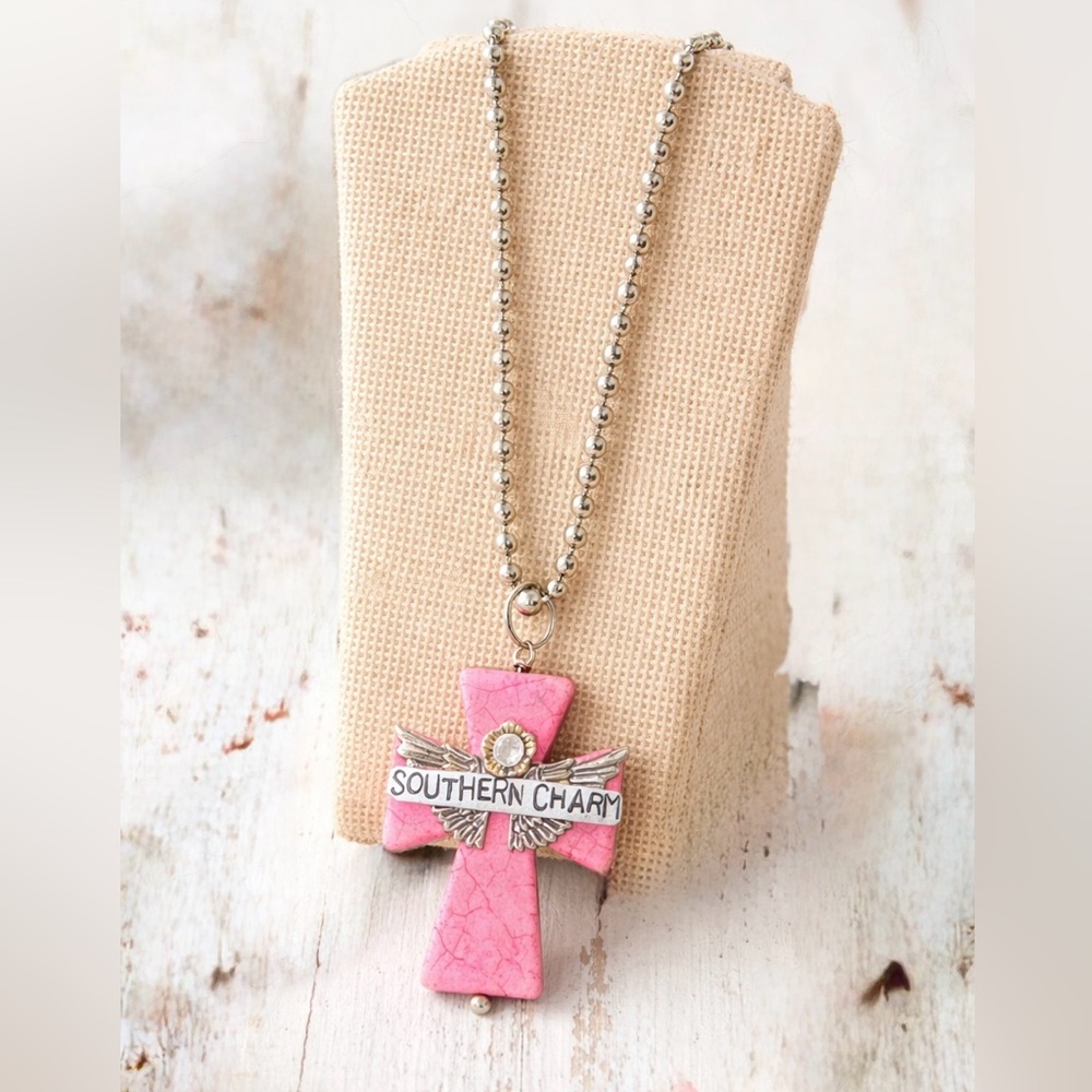 Pink Southern Charm Angel Cross Necklace